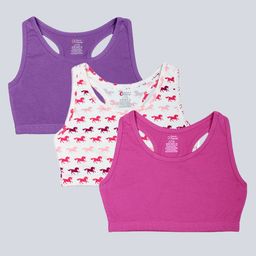 Charm n Cherish Cotton Blend Pack Of 3 Sleeveless Solid & Horse Printed Sport Bras - Pink Purple & White-picture-14
