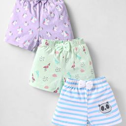 Teddy Sinker Knit Knee Length Unicorn Birds & Panda Printed Shorts with Bow Applique & Stripes Pack of 3 - Lavender Light Blue & Green-image-87