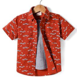 Rikidoos Half Sleeves Cars Printed Shirt With Attached Tee - Rust & Grey-image-10