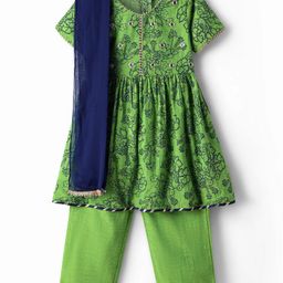Babyoye CottonWoven Half Sleeves Kurti & Salwar Set & Dupatta with Floral Print & Lace Detailing - Green-picture-18