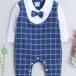 BUMZEE Cotton Knit Full Sleeves Checked Party Romper with Attached Bow - Navy Blue-image-18
