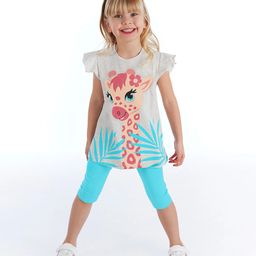 J&JP Cotton Cap Sleeves Baby Giraffe Printed Top & Capris Set - Multi Colour-5