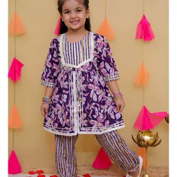 AJ Dezines Cotton Three Fourth Sleeves Floral Printed & Mirror Work Detailed Kurta Salwar Set - Purple-picture-32