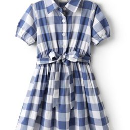 CrayonFlakes Rayon Half Puffed Sleeves Checked Dress With Attached Belt - Blue-image-91