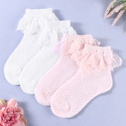 KIDLINGSS Pack Of 2 Checked & Lace Detailed Socks - Peach & White-image-59