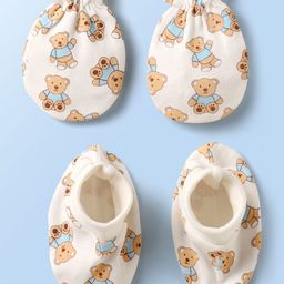 Doodle Poodle Interlock Cotton Bear Printed Mittens & Booties Set - White-image-42