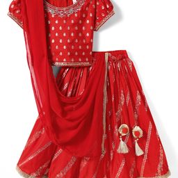 Babyhug Woven Half Sleeves Lehenga Choli & Dupatta Set With Floral Embroidery - Red-image-51
