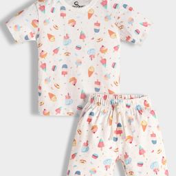 Orange Sugar 100% Cotton Knit Half Sleeves Icecream Printed Coordinating Night Suit Set - Off White-image-46
