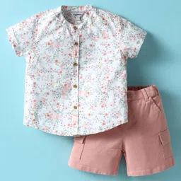 ToffyHouse Poplin Woven Half Sleeves Mandarin Collar Floral Printed Party Wear Shirt & Short Set - Pink & White-picture-36