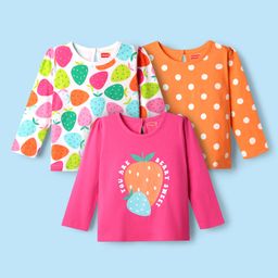 Babyhug 100% Cotton Knit Full Sleeves T-Shirts with Strawberry & Polka Dots Print Pack of 3 - White Pink & Orange-image-42