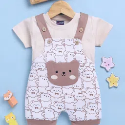 Jb Club Cotton Knit Half Sleeves Teddy Bear Patch Detailed Dungaree & Half Sleeves Tee Set - Beige-picture-11
