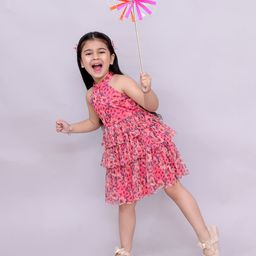 Lil' Drama Knit Sleeveless Floral Printed Layered Halter Neck Dress - Pink-picture-1
