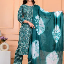 SKYTICK Ethnic motifs Printed Straight Pure Cotton Kurta With Trousers & Dupatta-picture-16