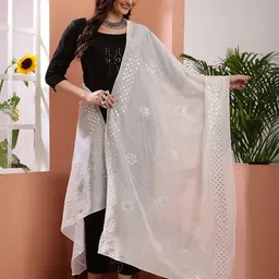 Bunkraft Embroidered Cotton Silk Dupatta With Mirror Work-14