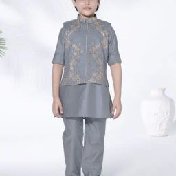 Ministitch Boys Blue Cotton Regular Fit Embroidered Kurta Set-35