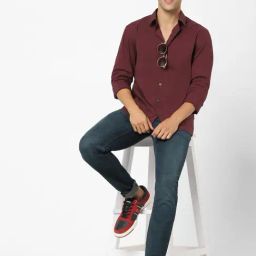 celio* Burgundy Solid Slim Fit Cotton Blend Shirt-image-83