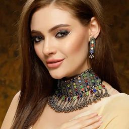Moedbuille Mirrors Studded Afghan Tribal Design Oxidised Silver Plated Tasselled Jewellery Set-35
