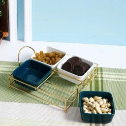 Aapno Rajasthan White & Blue Metal Tray & Bowl Set-image-2