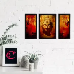 eCraftIndia Set of 3 Meditating Lord Buddha Satin Matt Textured UV Art Painting-19