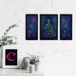 eCraftIndia Set of 3 Meditating Lord Buddha Satin Matt Textured UV Art Painting-35