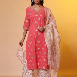 Aurelia Peach & White Cotton Printed Kurta Pant Set With Dupatta-image-20