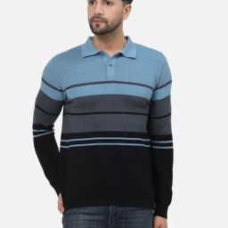 Kalt Black & Light Blue Regular Fit Striped Polo T-Shirt-picture-3