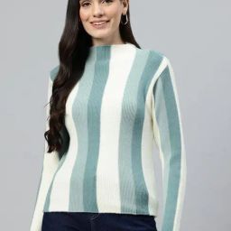 One Femme Green Wool Regular fit Stripes Sweaters 1-picture-22