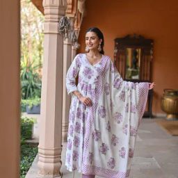Karaj Jaipur Purple Floral Printed Anarkali Set-image-11