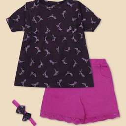 Nino Togs Girls Floral Printed Round Neck Pure Cotton Top With Shorts-image-89