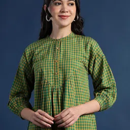 Taavi Women Checked Mandarin Collar Shirt Style Top-image-26