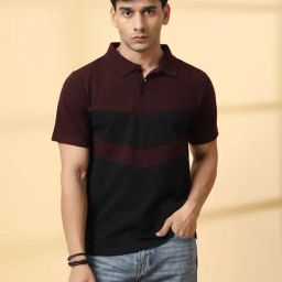 Rigo Wine & Black Cotton Colourblocked Polo T-Shirt-image-7