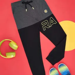 Pantaloons Junior Jet Black & Grey Cotton Color Block Joggers-image-55