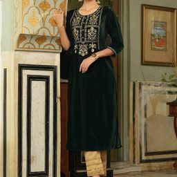 Juniper Floral Yoke Design Round Neck Thread Work Velvet Straight Kurta-26