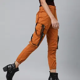 KASSUALLY Women Rust Orange Slim Fit Solid Cargo Joggers-image-26
