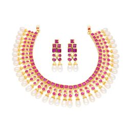 Sri Jagdamba Pearls Pink & White Alloy Classic Necklace Set-image-9
