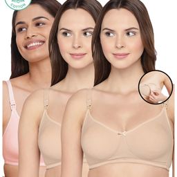 Inner Sense Pack Of 3 Organic Cotton Antimicrobial Solid Colour Nursing Bra - Beige & Light Pink-image-5