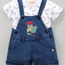 WOW Dungaree Set with Half Sleeves Tee Text Print - White Blue-picture-1
