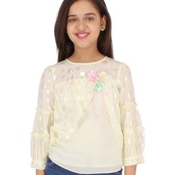 Cutecumber Three Fourth Sleeves Polka Foil Print Flowers Embellished Top - Yellow-picture-7