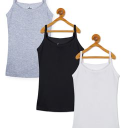Kiddopanti Pack Of 3 Sleeveless Solid Tank Tops- White  Black & Grey Melange-image-55