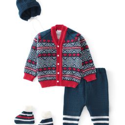 Babyhug Knitted Full Sleeves Striped Design Sweater Set with Cap & Booties - Red & Navy Blue-image-70