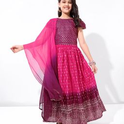 EARTHY TOUCH Cotton Knit Cap Sleeves Printed Choli Lehenga with Dupatta Set - Purple-image-9