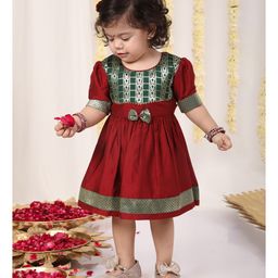 VASTRAMAY SISHU Half Sleeves Floral Woven Design & Lace Embellished Ethnic Dress - Maroon And Green-image-86