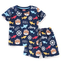 Babyhug Cotton Knit Half Sleeves Teddy Printed Night Suit - Multicolour-image-59
