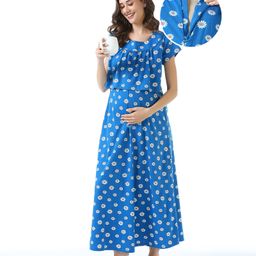 Bella Mama 100% Cotton Knit Half Sleeves Nighty with Concealed Zipper Floral Print - Royal Blue-picture-11