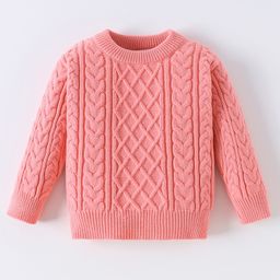 Kookie Kids Viscose Knit Full Sleeves Pullover Sweater With Cable Knit Design & Solid Colour - Pink-image-94