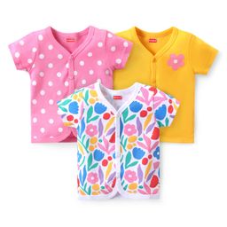 Babyhug 100% Cotton Knit Half Sleeves Front Open Vests Polka Dot & Floral Print Pack of 3 - Multicolor-image-87