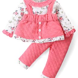 Little Darlings Full Sleeves Winter Wear Suit With Floral Print - Pink-image-64