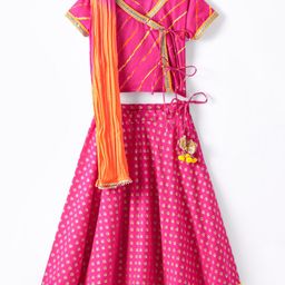 Exclusive from Jaipur Cotton Woven Half Sleeves Foil Printed Choli & Lehenga with Dupatta Tassle Detailing - Pink & Yellow-image-3