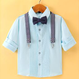 Robo Fry Cotton Woven Full Sleeves Solid Colour Party Shirt with Bow & Suspender - Sky Blue-image-47