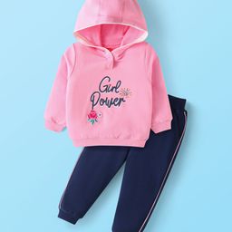 Babyhug Terry Knit Full Sleeves Hooded Sweatshirt & Legging Set With Text Print - Pink & Navy-image-44